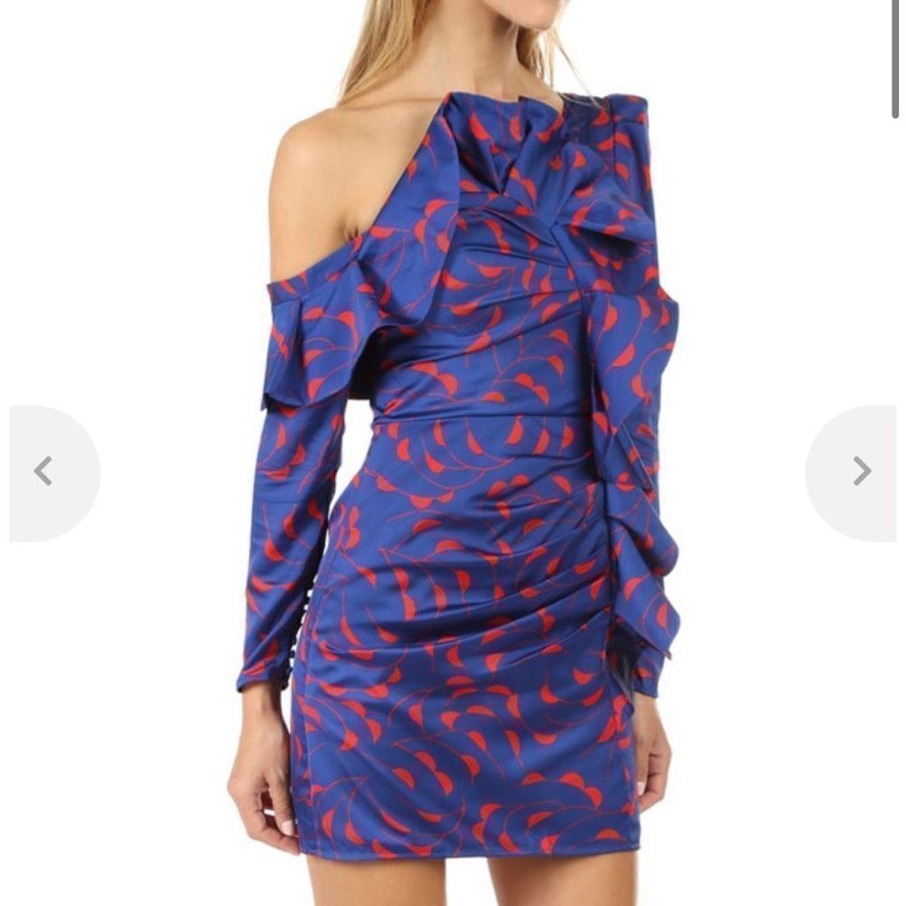 Self Portrait Blue Red One Shoulder Ruffle Dress - Picture 2 of 13